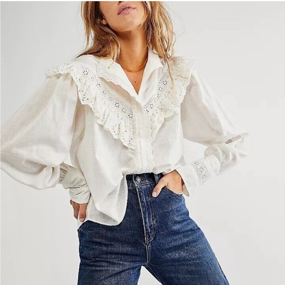 Free People Cream Puff Sleeve Ruffled Blouse